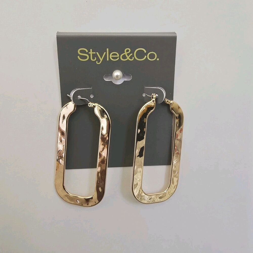 Style & Co Gold-Tone Hammered Oval Hoop Rectangular Earrings